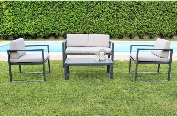Set Salotto da Giardino Divano 2 Poltrone e Tavolino con Cuscini in Alluminio Antracite
