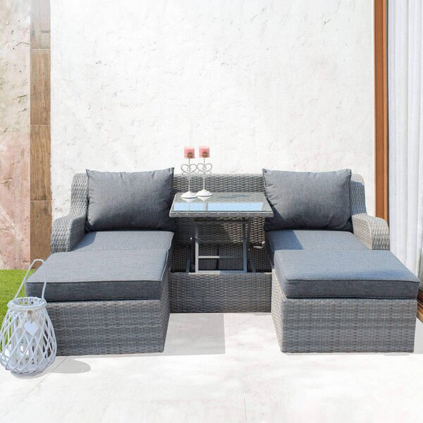 Divano con 2 Pouf Perù con Cuscini in Wicker Grigio