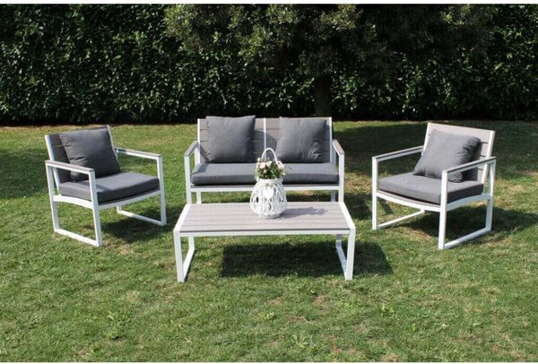 Set Salotto da Giardino Divano 2 Poltrone e Tavolino con Cuscini in Alluminio Bianco