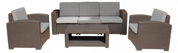 Set Salotto da Giardino Divano 2 Poltrone e Tavolino con Cuscini in Plastica Tortora