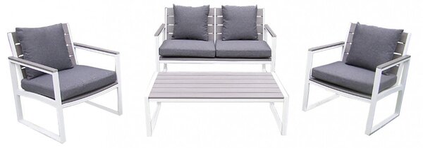 Set Salotto da Giardino Divano 2 Poltrone e Tavolino con Cuscini in Alluminio Bianco