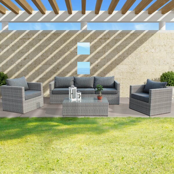 Set Salotto da Giardino Divano 2 Poltrone e Tavolino con Cuscini in Wicker Grigio