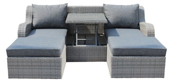 Divano con 2 Pouf Perù con Cuscini in Wicker Grigio