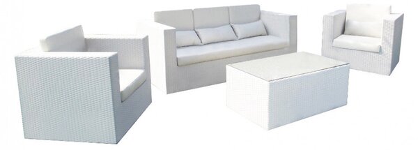 Set Salotto da Giardino Divano 2 Poltrone e Tavolino con Cuscini in Wicker Bianco