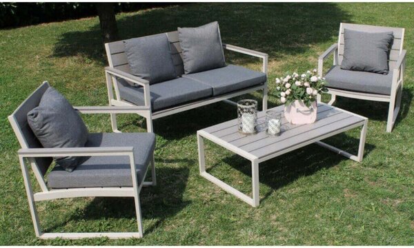 Set Salotto da Giardino Divano 2 Poltrone e Tavolino con Cuscini in Alluminio Tortora
