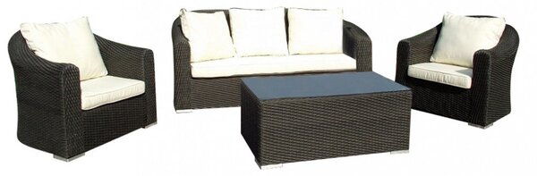 Set Salotto da Giardino Divano 2 Poltrone e Tavolino con Cuscini in Wicker Marrone