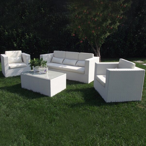 Set Salotto da Giardino Divano 2 Poltrone e Tavolino con Cuscini in Wicker Bianco