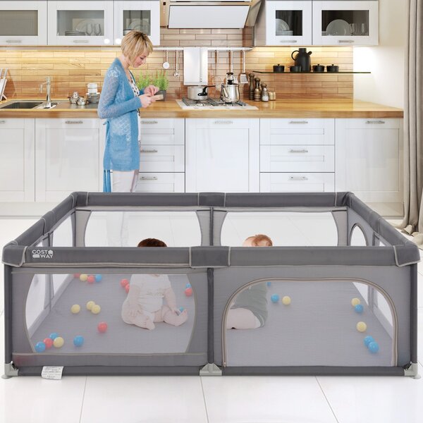 Costway Recinto bambini con rete traspirante tasca portaoggetti apertura a cerniera, Box giochi per neonati Grigio scuro