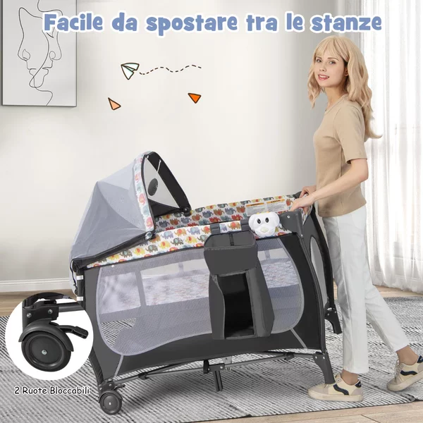 Costway Lettino da viaggio con fasciatoio cappotina zanzariera carillon, Culla neonato pieghevole con ruote borsa Colorato