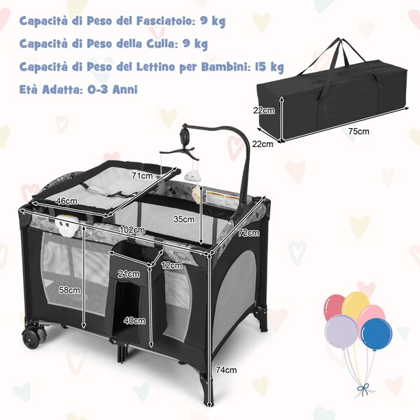 Costway Lettino portatile per bambini con materasso giostrina carillon e fasciatoio, Culla pieghevole con borsa Grigio