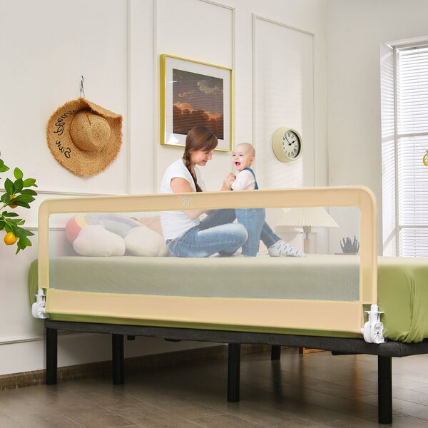 Costway Sponda letto bambini lunga 180 cm a ribalta con cinghie di sicurezza, Protezione letto per bambini universale Beige