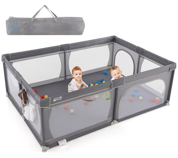 Costway Recinto bambini con rete traspirante tasca portaoggetti apertura a cerniera, Box giochi per neonati Grigio scuro