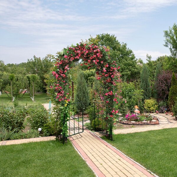 Costway Arco da giardino con cancello altezza 230cm, Arco in metallo per piante rampicanti per matrimoni feste Nero