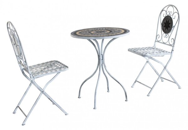 Set Tavolino + 2 Sedie con Mosaico in Metallo Bianco Antico