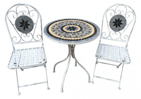 Set Tavolino + 2 Sedie con Mosaico in Metallo Bianco Antico