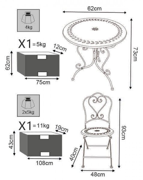 Set Tavolino + 2 Sedie in Metallo Bianco Antico