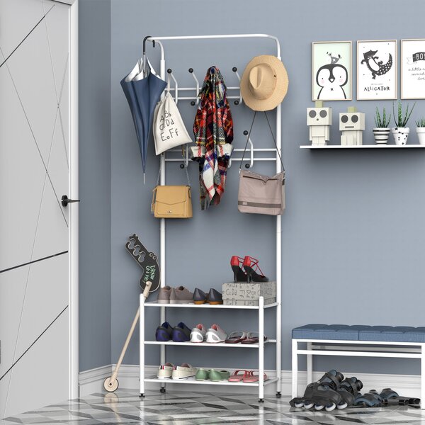 Appendiabiti Panchina per Ingresso con Scarpiera in Acciaio Bianco 67x30x185 cm
