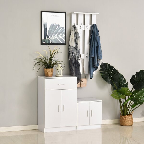 Mobile Ingresso con Scarpiera e Appendiabiti in Legno Bianco Opaco 100x32x187 cm