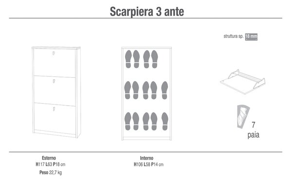 Scarpiera 3 Ante 63x117x18 cm Cemento