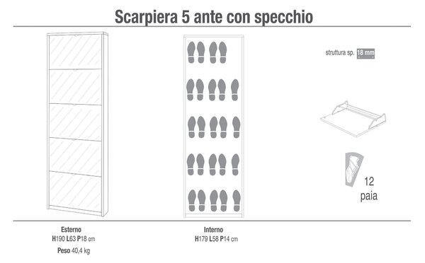 Scarpiera 5 Ante con Specchio 63x190x18 cm Cemento