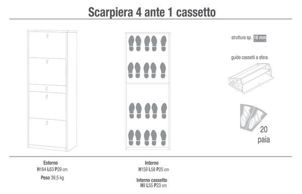 Scarpiera 4 Ante 1 Cassetto 63x164x29 cm Olmo Chiaro