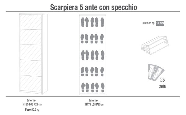 Scarpiera 5 Ante con Specchio 63x190x29 cm Olmo Chiaro