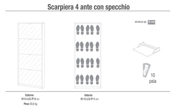 Scarpiera 4 Ante con Specchio 63x154x18 cm Ossido Bianco
