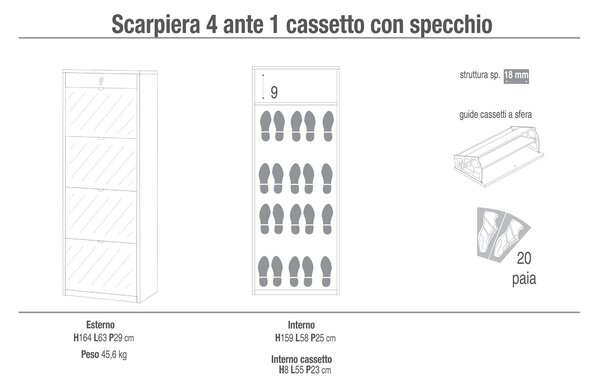Scarpiera 4 Ante con Specchio 1 Cassetto 63x164x29 cm Cemento