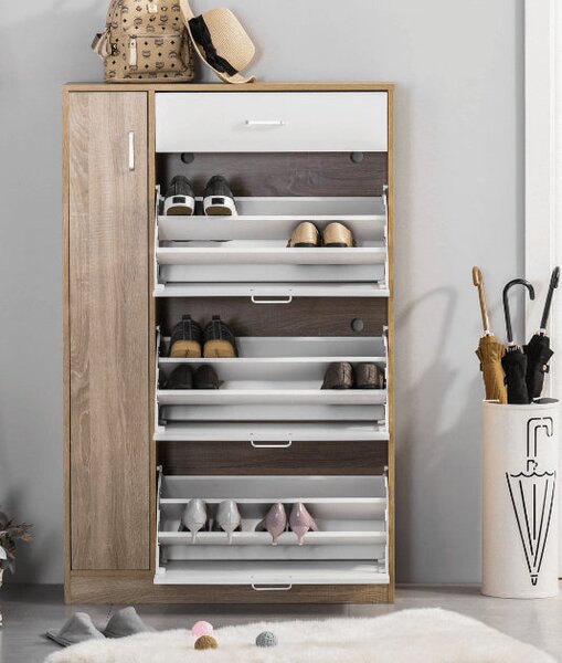 Scarpiera con 3 Ante a Ribalta 1Cassetto 1 Armadietto 84x30x132 cm in Legno truciolare Rovere/Bianco