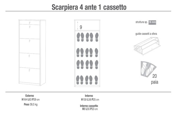 Scarpiera 4 Ante 1 Cassetto 63x164x29 cm Bianco Fiammato