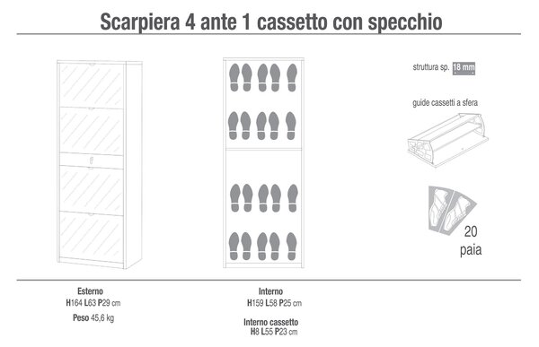 Scarpiera 4 Ante con Specchio 1 Cassetto 63x164x29 cm Cemento