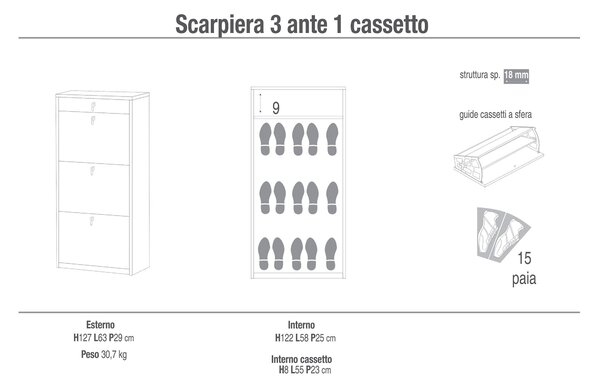 Scarpiera 3 Ante 1 Cassetto 63x127x29 cm Cemento