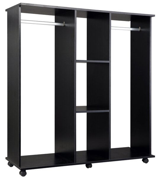 Armadio Guardaroba a 5 Ripiani con Ruote e Barre Appendiabiti in Legno e Alluminio Nero 120x40x128 cm