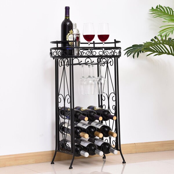 Cantinetta Portabottiglie con Portacalici 28,5x46x77,5 cm in Ferro Battuto Nera