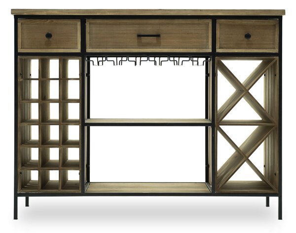 Cantinetta Portabottiglie 124x32x94 cm con Portabicchieri in Ferro e Legno Sid Nera
