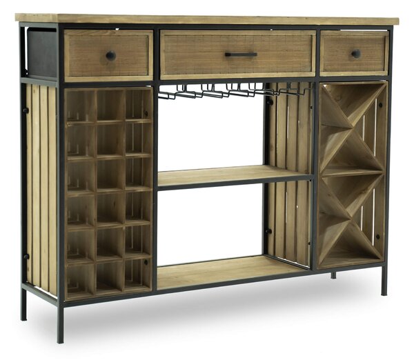 Cantinetta Portabottiglie 124x32x94 cm con Portabicchieri in Ferro e Legno Sid Nera