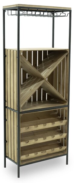 Cantinetta Portabottiglie 60x30x160 cm con Portabicchieri in Ferro e Legno Rex Nera
