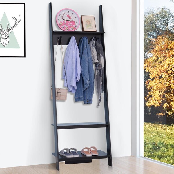 Appendiabiti da Ingresso a 3 Ripiani 4 Ganci in Legno Nero 67x38.5x196 cm