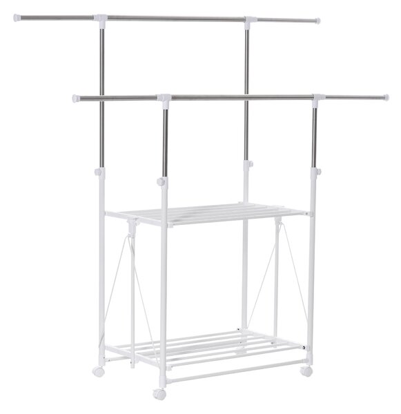 Appendiabiti Estensibile con 2 Ripiani Ruote e Altezza Regolabile in Acciaio 88-157x50x95-160 cm Bianco