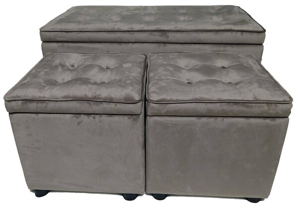 Set Baule e 2 Pouf in Tessuto Vellutato Motti Dalia Kai Tortora