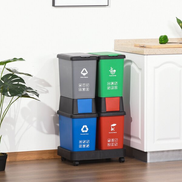 Pattumiera Differenziata 4 Bidoni 50X37,5x90 cm in plastica con Ruote Multicolore