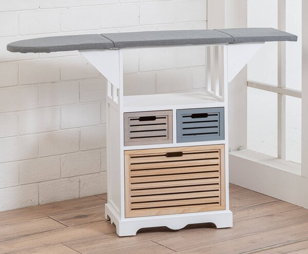 Mobile Asse da Stiro in Legno con 3 Cassetti Colorati 130x34x85 cm Victor Bianco