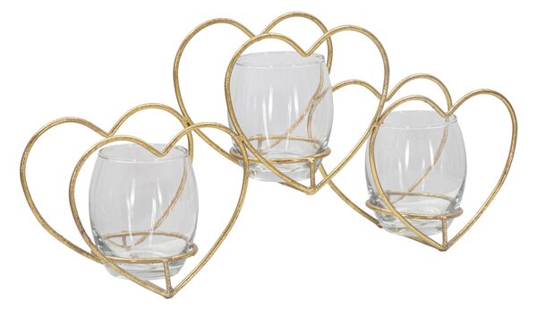 Portacandele Heart 37,5x9x19 cm in Ferro e Vetro Oro