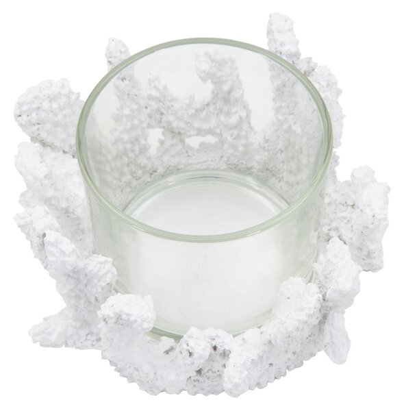 Portacandele Corallo Ø12,5x9 cm in Resina e Vetro Bianco