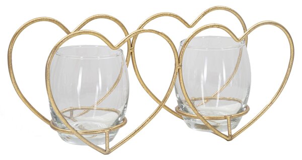 Portacandele Heart 27,5x9,5x12,5 cm in Ferro e Vetro Oro