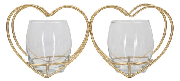 Portacandele Heart 27,5x9,5x12,5 cm in Ferro e Vetro Oro