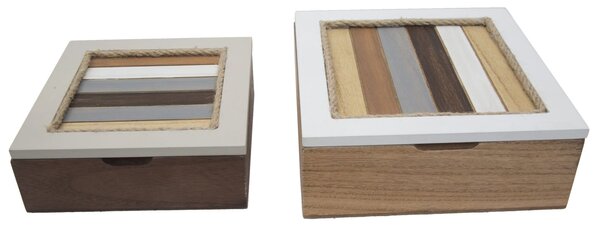 Cofanetto Coppia Lignes 19x19x7 - 16x16x5,5 cm in MDF Bianco Marrone e Grigio