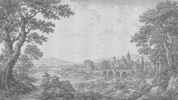 Carta da parati Disegno di una città con un ponte e un fiume, Carta da parati Natura, Carta da parati popolare, t00972v1 - Tapeko.it