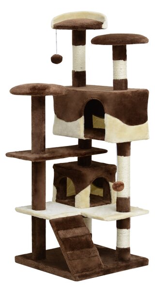Albero Tiragraffi per Gatti in Peluche e Sisal con Cucce e Pallina Caffè e Crema 50x50x132 cm