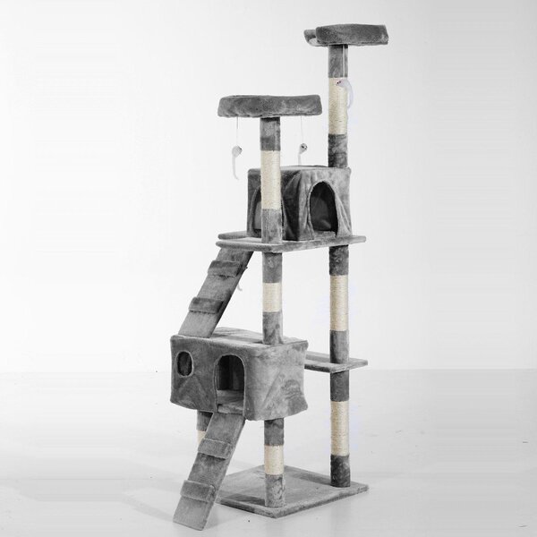 Albero Tiragraffi per Gatti con Due Cucce in Peluche e Sisal Grigio 50x50x170 cm